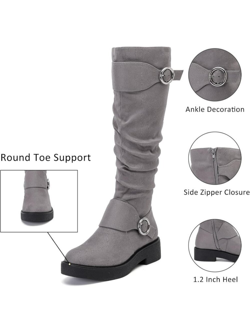 Women's Grey  Leather Rubber Slouchy Knee High Comfortable Stylish Tall Boots - Picture 3 of 6